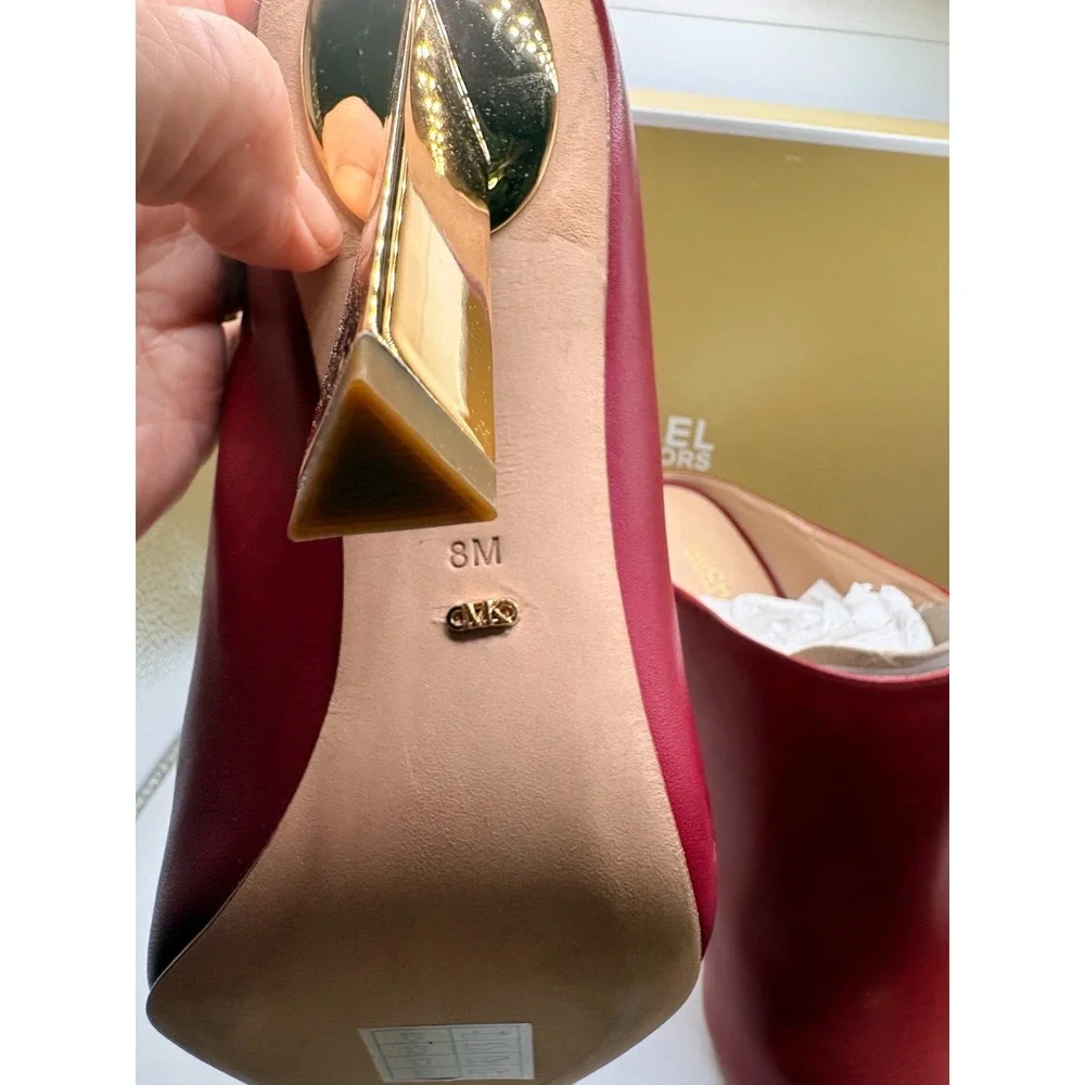 NWB MICHAEL KORS Halle Leather Mule Pump size 8M Maroon with Gold Heel